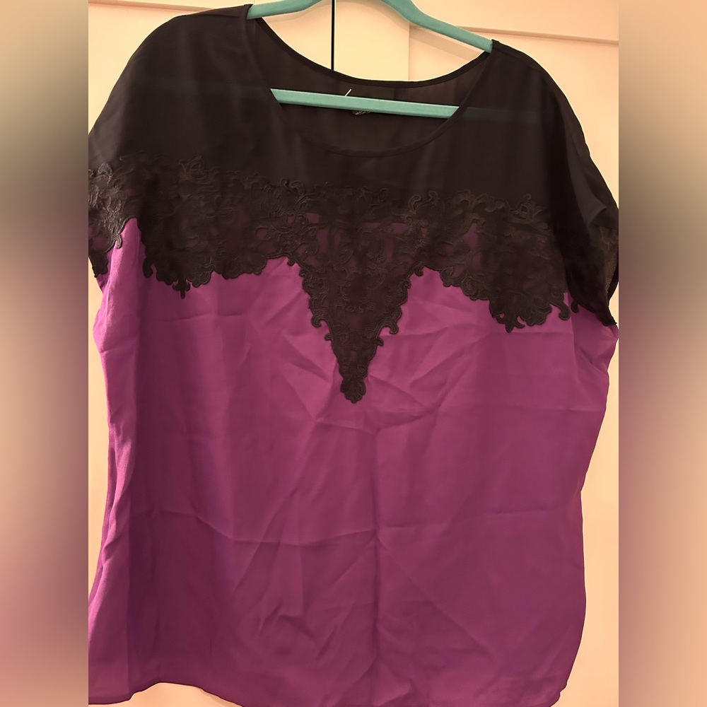Lane Bryant purple and black lace accent 14/16 top. Good for casual or office